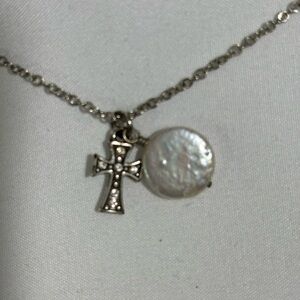 Brighton Cross & Abalone Charm  Silver Plated 16”Necklace